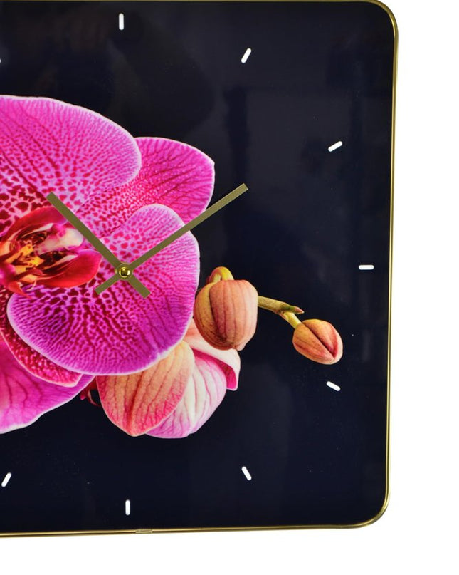 24" Pink Black And Gold Solid Wood and Acrylic Silent Orchids Floral Wall Clock