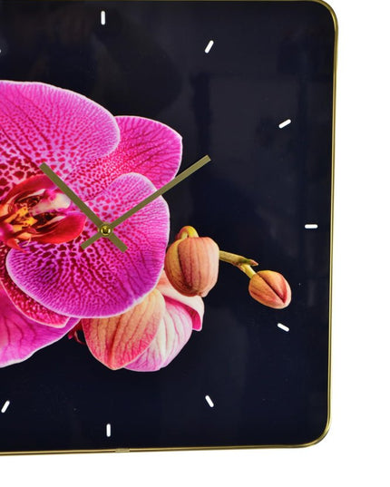 24" Pink Black And Gold Solid Wood and Acrylic Silent Orchids Floral Wall Clock