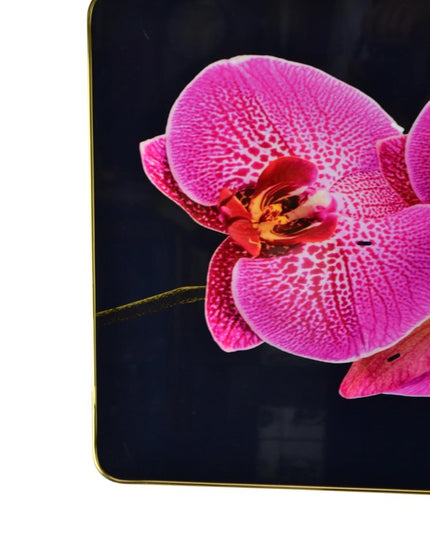 24" Pink Black And Gold Solid Wood and Acrylic Silent Orchids Floral Wall Clock