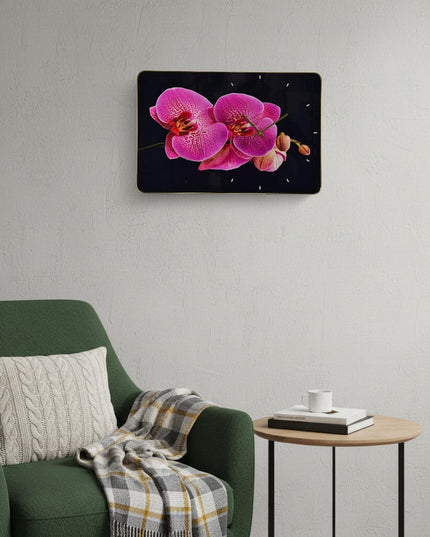 24" Pink Black And Gold Solid Wood and Acrylic Silent Orchids Floral Wall Clock