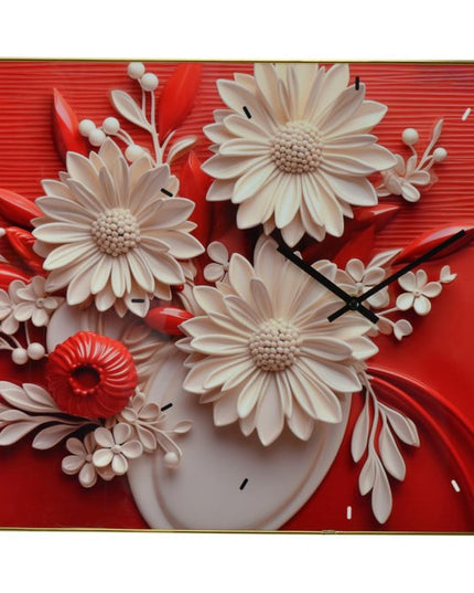 24" White Red And Black Solid Wood and Acrylic Silent Analog Floral Wall Clock