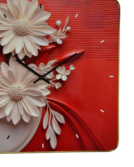 24" White Red And Black Solid Wood and Acrylic Silent Analog Floral Wall Clock