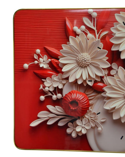 24" White Red And Black Solid Wood and Acrylic Silent Analog Floral Wall Clock