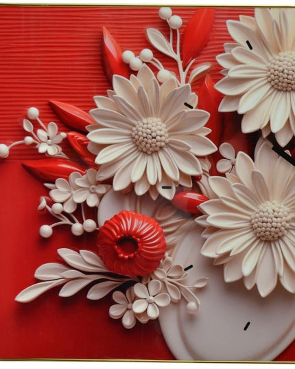 24" White Red And Black Solid Wood and Acrylic Silent Analog Floral Wall Clock