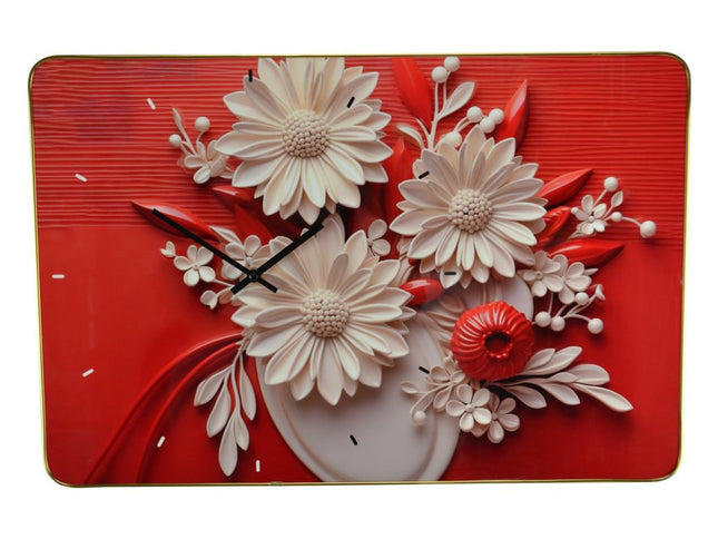 24" White Red And Black Solid Wood and Acrylic Silent Analog Floral Wall Clock