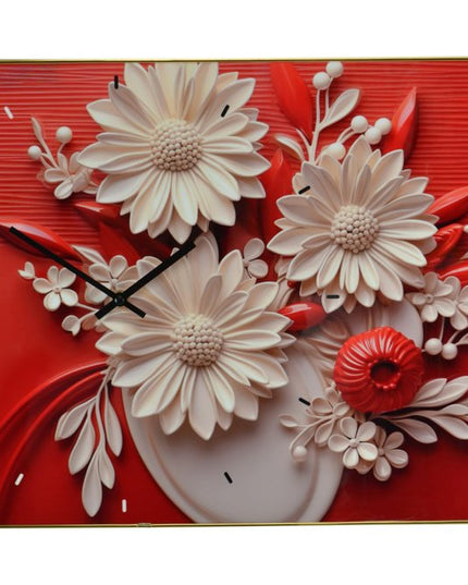 24" White Red And Black Solid Wood and Acrylic Silent Analog Floral Wall Clock
