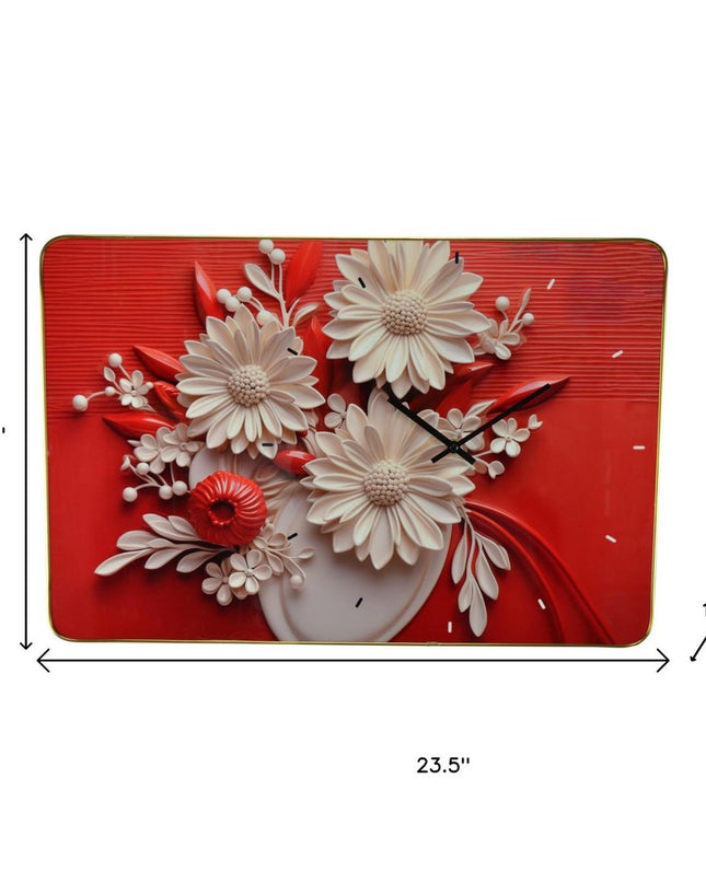 24" White Red And Black Solid Wood and Acrylic Silent Analog Floral Wall Clock