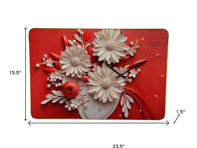 24" White Red And Black Solid Wood and Acrylic Silent Analog Floral Wall Clock