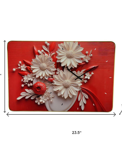 24" White Red And Black Solid Wood and Acrylic Silent Analog Floral Wall Clock