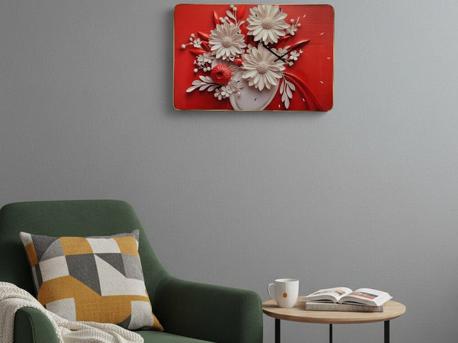 24" White Red And Black Solid Wood and Acrylic Silent Analog Floral Wall Clock