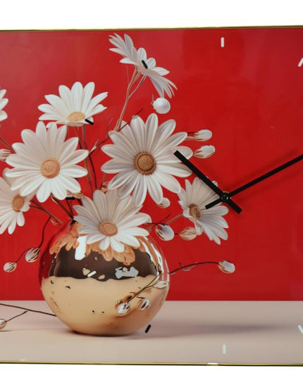 24" Gold Red And White Solid Wood and Acrylic Silent Daisies Floral Wall Clock