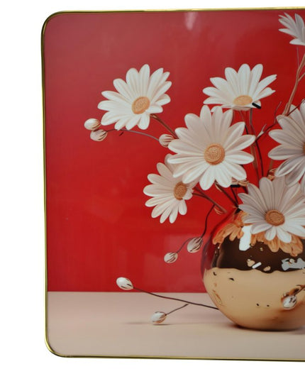 24" Gold Red And White Solid Wood and Acrylic Silent Daisies Floral Wall Clock