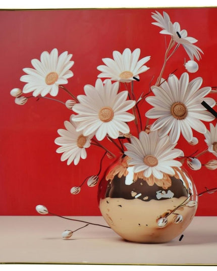 24" Gold Red And White Solid Wood and Acrylic Silent Daisies Floral Wall Clock