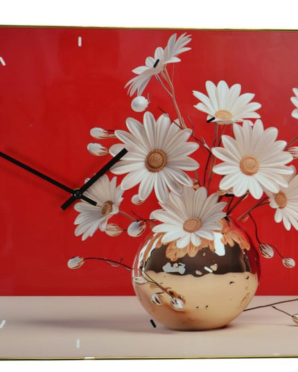 24" Gold Red And White Solid Wood and Acrylic Silent Daisies Floral Wall Clock