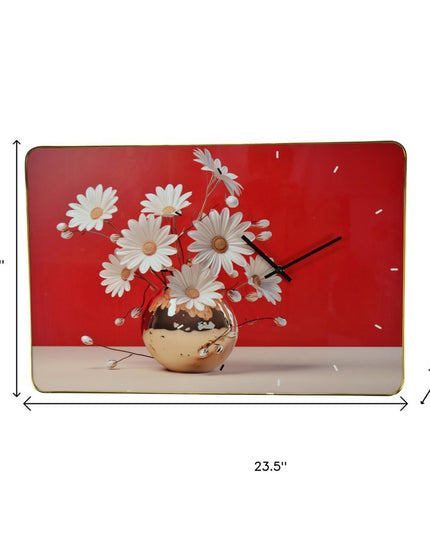 24" Gold Red And White Solid Wood and Acrylic Silent Daisies Floral Wall Clock
