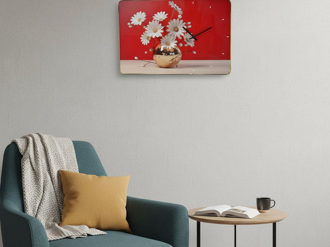 24" Gold Red And White Solid Wood and Acrylic Silent Daisies Floral Wall Clock