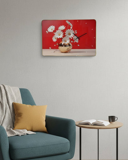 24" Gold Red And White Solid Wood and Acrylic Silent Daisies Floral Wall Clock
