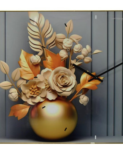 24" Beige Gold And Gray Solid Wood and Acrylic Silent Analog Floral Wall Clock