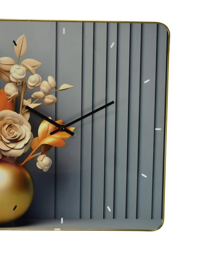 24" Beige Gold And Gray Solid Wood and Acrylic Silent Analog Floral Wall Clock