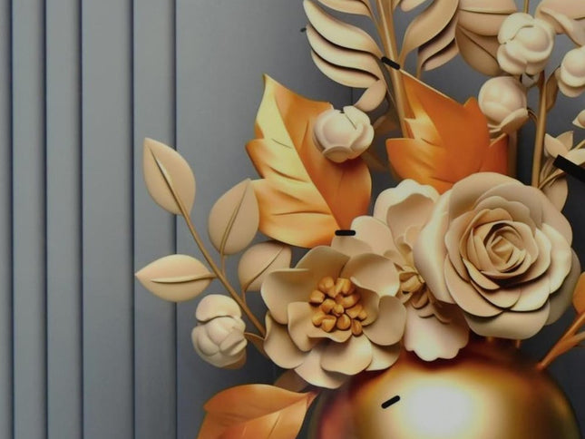 24" Beige Gold And Gray Solid Wood and Acrylic Silent Analog Floral Wall Clock