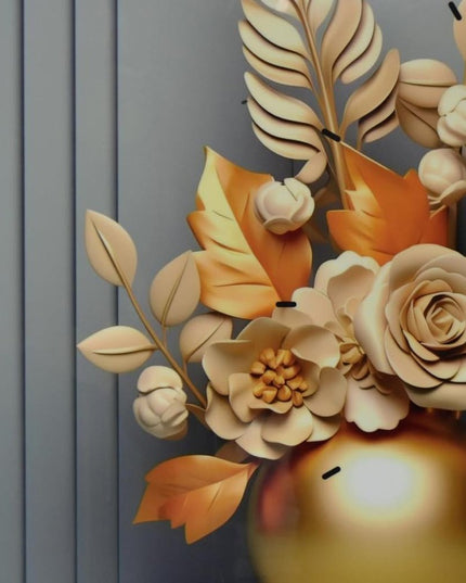 24" Beige Gold And Gray Solid Wood and Acrylic Silent Analog Floral Wall Clock