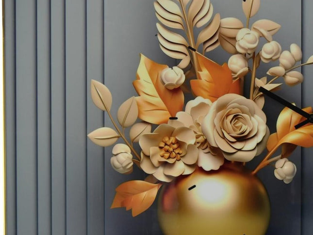 24" Beige Gold And Gray Solid Wood and Acrylic Silent Analog Floral Wall Clock