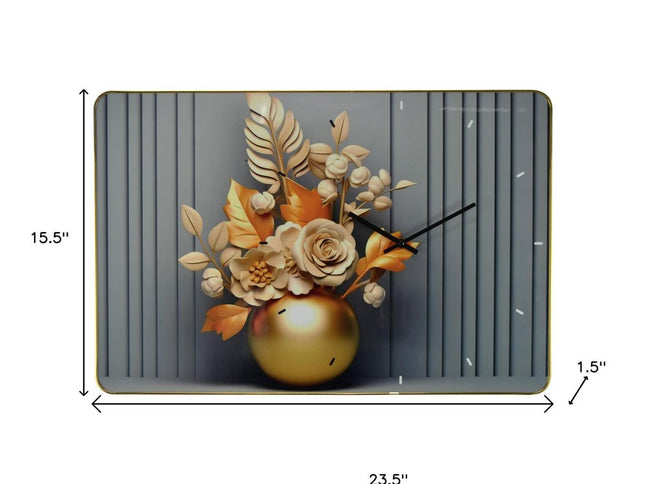 24" Beige Gold And Gray Solid Wood and Acrylic Silent Analog Floral Wall Clock