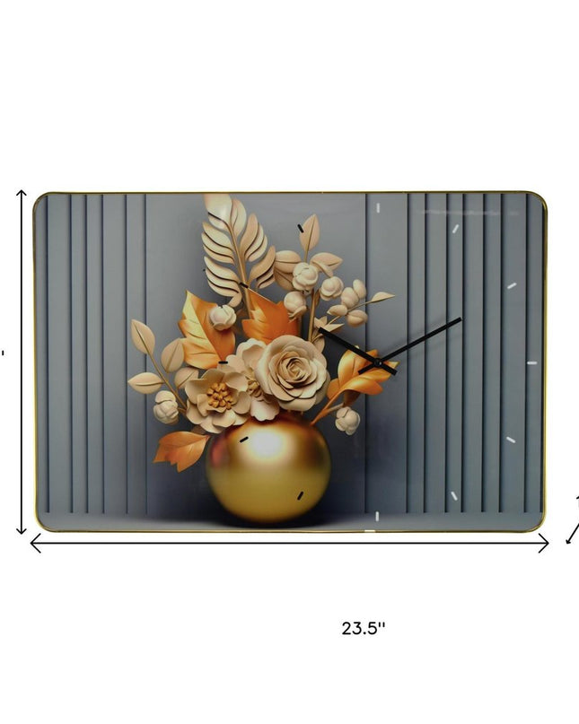 24" Beige Gold And Gray Solid Wood and Acrylic Silent Analog Floral Wall Clock