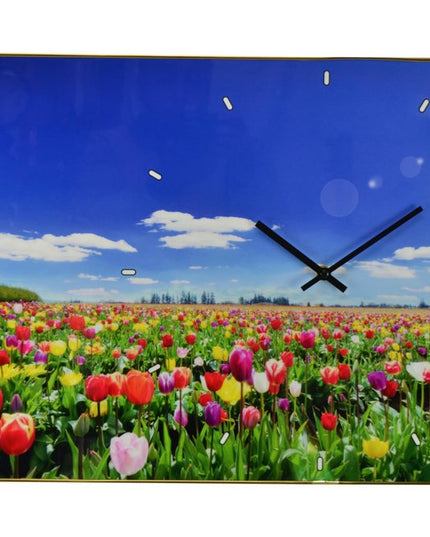 24" Blue Red And Gold Solid Wood and Acrylic Silent Tulips Floral Wall Clock