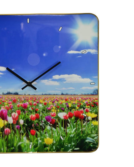 24" Blue Red And Gold Solid Wood and Acrylic Silent Tulips Floral Wall Clock