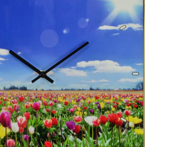 24" Blue Red And Gold Solid Wood and Acrylic Silent Tulips Floral Wall Clock