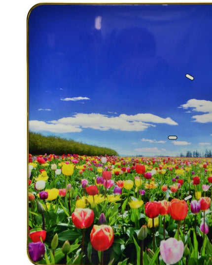 24" Blue Red And Gold Solid Wood and Acrylic Silent Tulips Floral Wall Clock