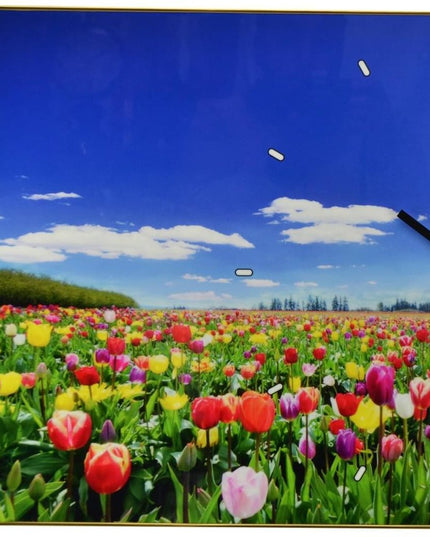 24" Blue Red And Gold Solid Wood and Acrylic Silent Tulips Floral Wall Clock