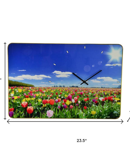 24" Blue Red And Gold Solid Wood and Acrylic Silent Tulips Floral Wall Clock