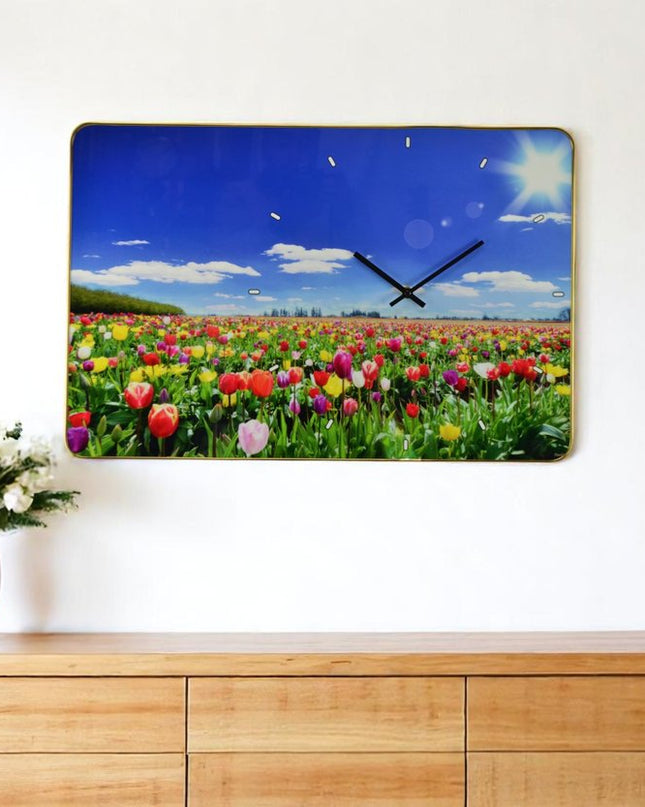 24" Blue Red And Gold Solid Wood and Acrylic Silent Tulips Floral Wall Clock