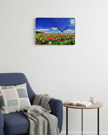 24" Blue Red And Gold Solid Wood and Acrylic Silent Tulips Floral Wall Clock