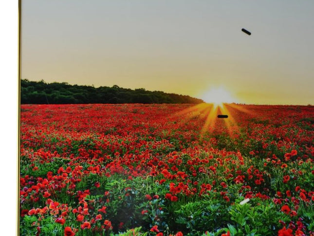24" Red Blue And Gold Solid Wood and Acrylic Silent Poppies Floral Wall Clock