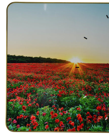 24" Red Blue And Gold Solid Wood and Acrylic Silent Poppies Floral Wall Clock