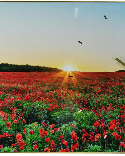 24" Red Blue And Gold Solid Wood and Acrylic Silent Poppies Floral Wall Clock