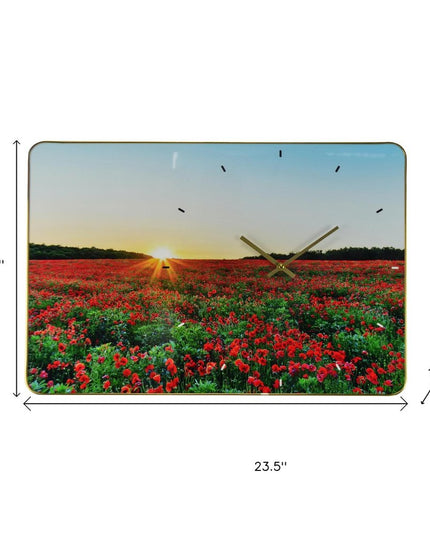 24" Red Blue And Gold Solid Wood and Acrylic Silent Poppies Floral Wall Clock