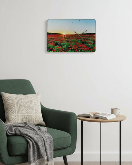 24" Red Blue And Gold Solid Wood and Acrylic Silent Poppies Floral Wall Clock