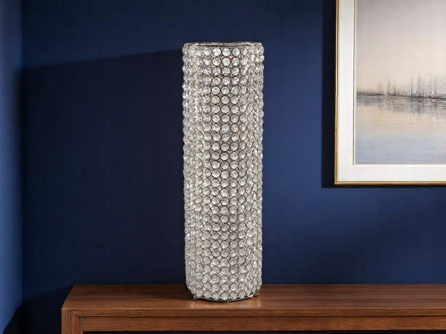 21" Clear And Silver Faux Crystal And Metal Table Vase