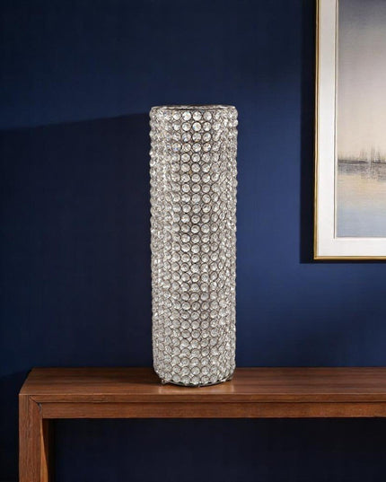 25" Clear And Silver Faux Crystal And Metal Table Vase