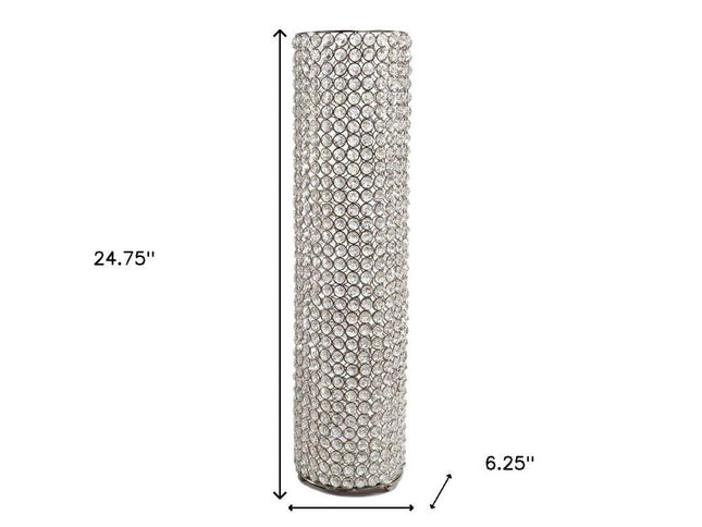 21" Clear And Silver Faux Crystal And Metal Table Vase