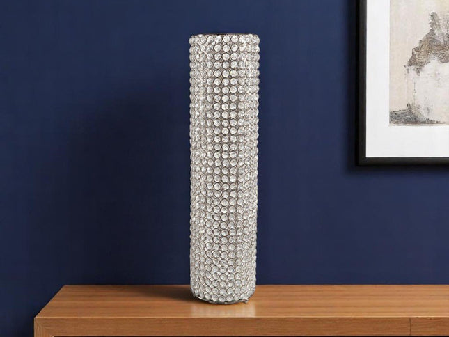 25" Clear And Silver Faux Crystal And Metal Table Vase