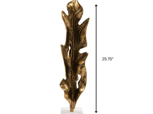 26" Antiqued Gold And White Aluminum And Marble Leaf Tabletop Sculpture