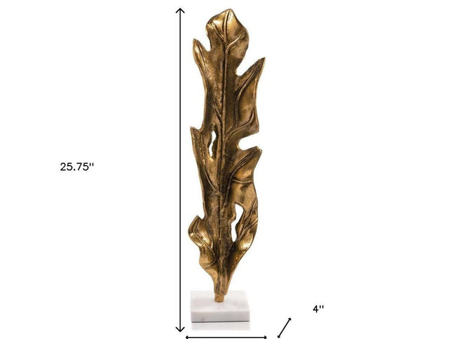 26" Antiqued Gold And White Aluminum And Marble Leaf Tabletop Sculpture