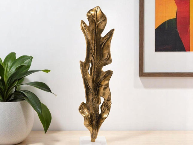 26" Antiqued Gold And White Aluminum And Marble Leaf Tabletop Sculpture