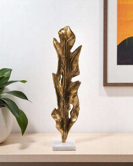 26" Antiqued Gold And White Aluminum And Marble Leaf Tabletop Sculpture