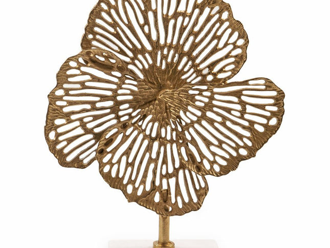 18" Antiqued Gold And White Aluminum And Marble Flowers Abstract Tabletop Sculpture
